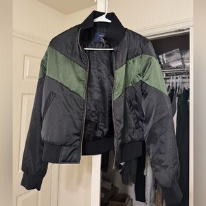 Forever 21 Black Bomber Jacket with Olive Green Chevron